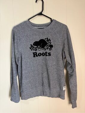 Roots Women's Heather Grey Crewneck Sweater with Black Logo